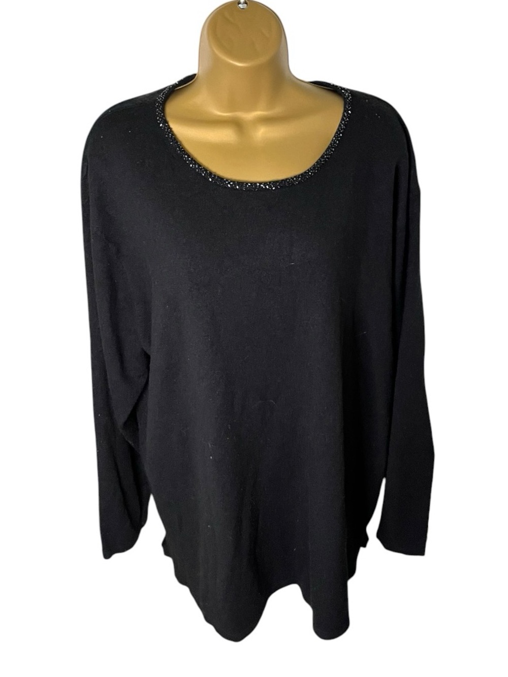 Vintage 90s Liz & Me Embellished Scoop Neck Sweater Beaded Trim Black 3X